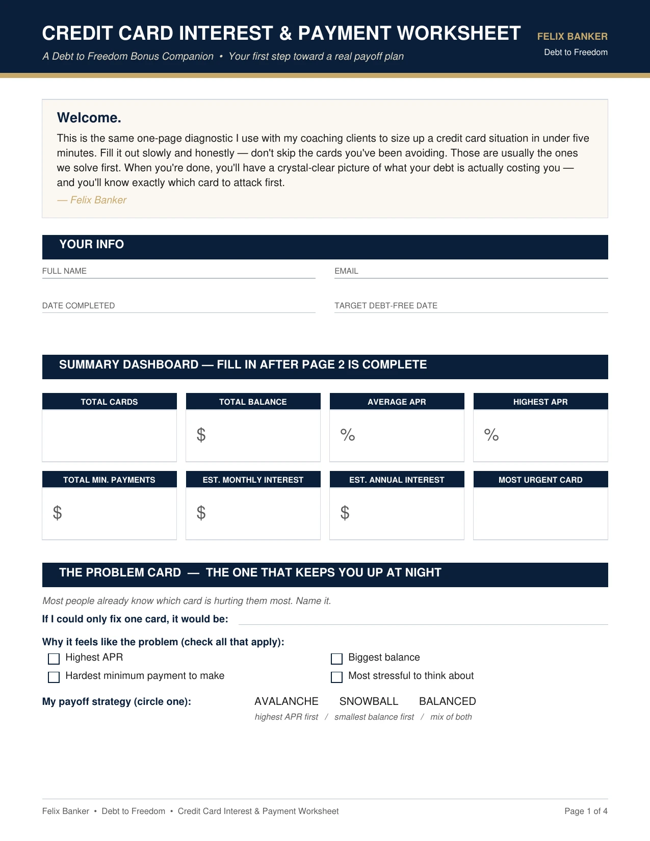 Credit Card Interest and Payment Worksheet with debt summary and payoff strategy fields